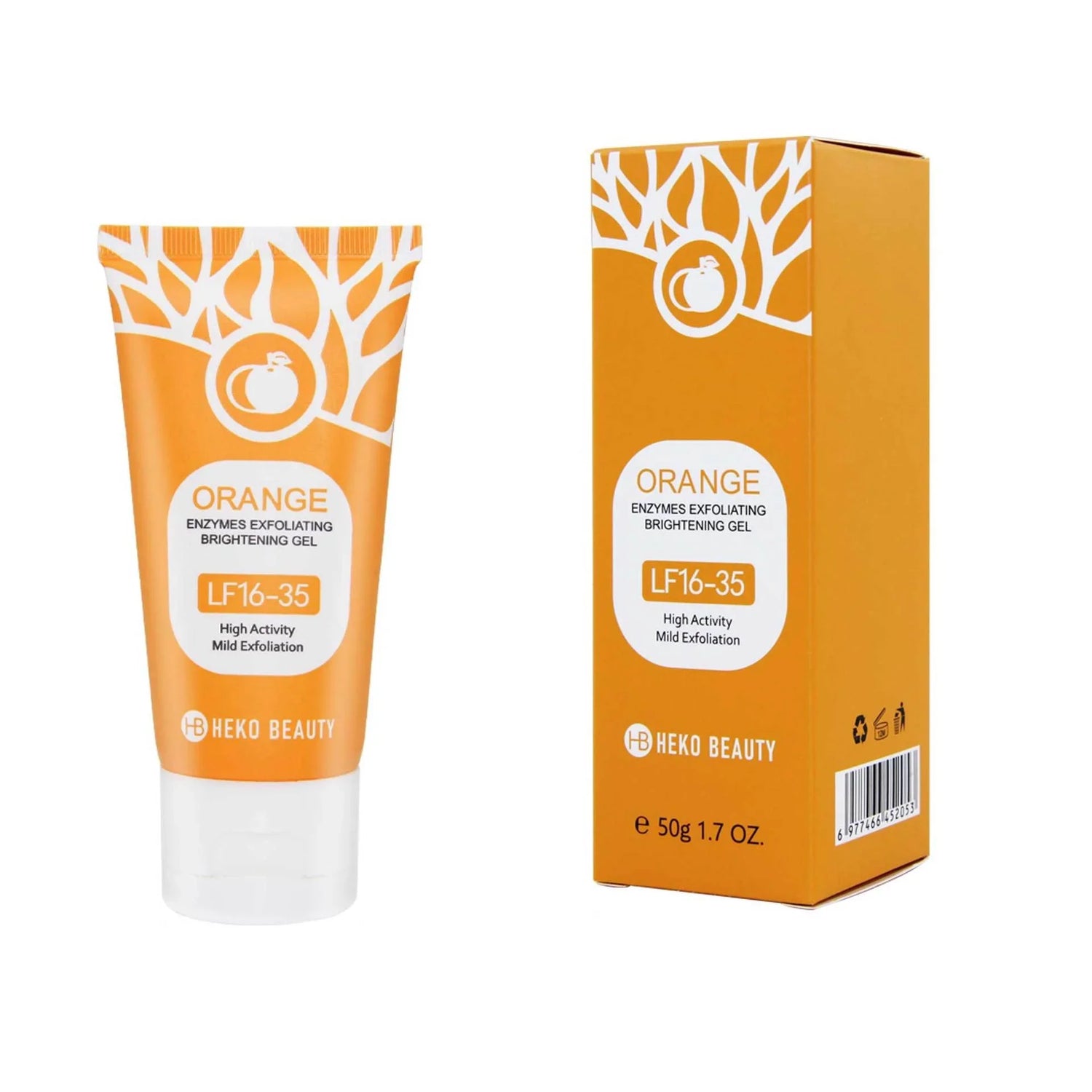 Orange tube and box of exfoliating gel with white botanical design, skincare product.