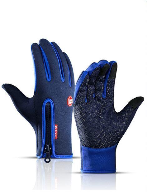 Blue and black neoprene gloves with zipper closure and textured palm, slim fit streetwear style