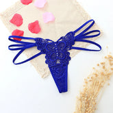 Blue lace butterfly thong with strappy sides, delicate floral lace and slim fit, flat lay