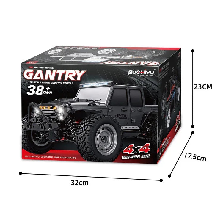 Black 4x4 RC car model in a box with rugged design, large tires, and off-road styling.