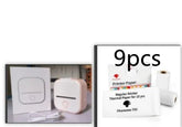 Compact white portable thermal printer with USB cable and 9 rolls of thermal sticker paper