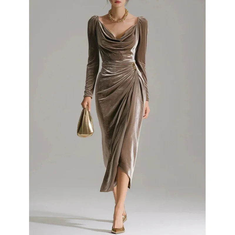 Elegant taupe velvet midi dress with long sleeves, draped neckline, and fitted silhouette