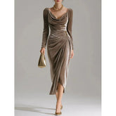 Elegant taupe velvet midi dress with long sleeves, draped neckline, and fitted silhouette