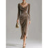 Elegant taupe velvet midi dress with long sleeves, draped neckline, and fitted silhouette