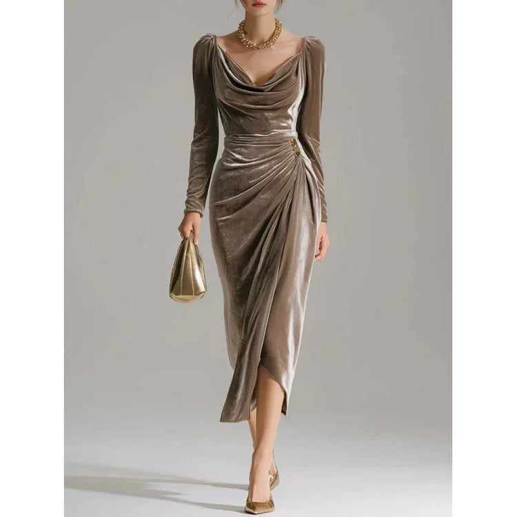 Elegant taupe velvet midi dress with long sleeves, draped neckline, and fitted silhouette