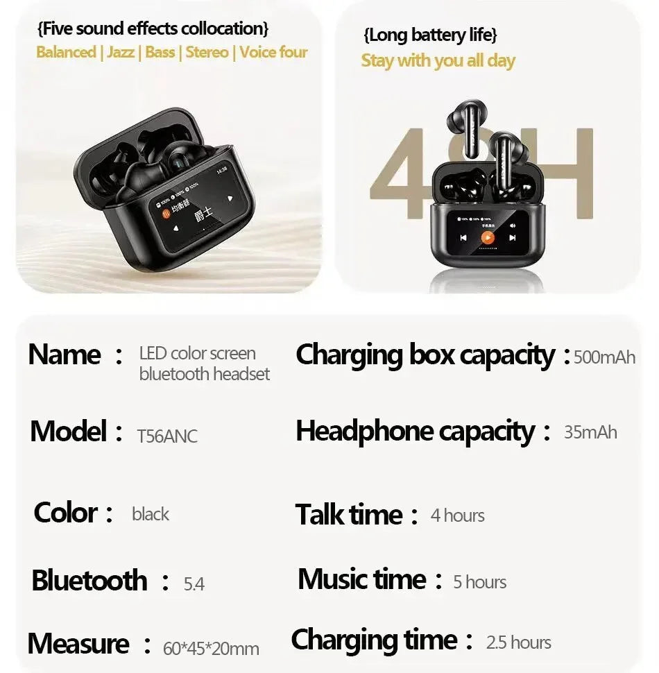Black wireless earbuds with LED display in charging case, modern style, matte finish