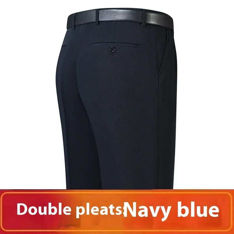 Navy blue double pleated trousers, slim fit, with back pocket and belt, modern streetwear style