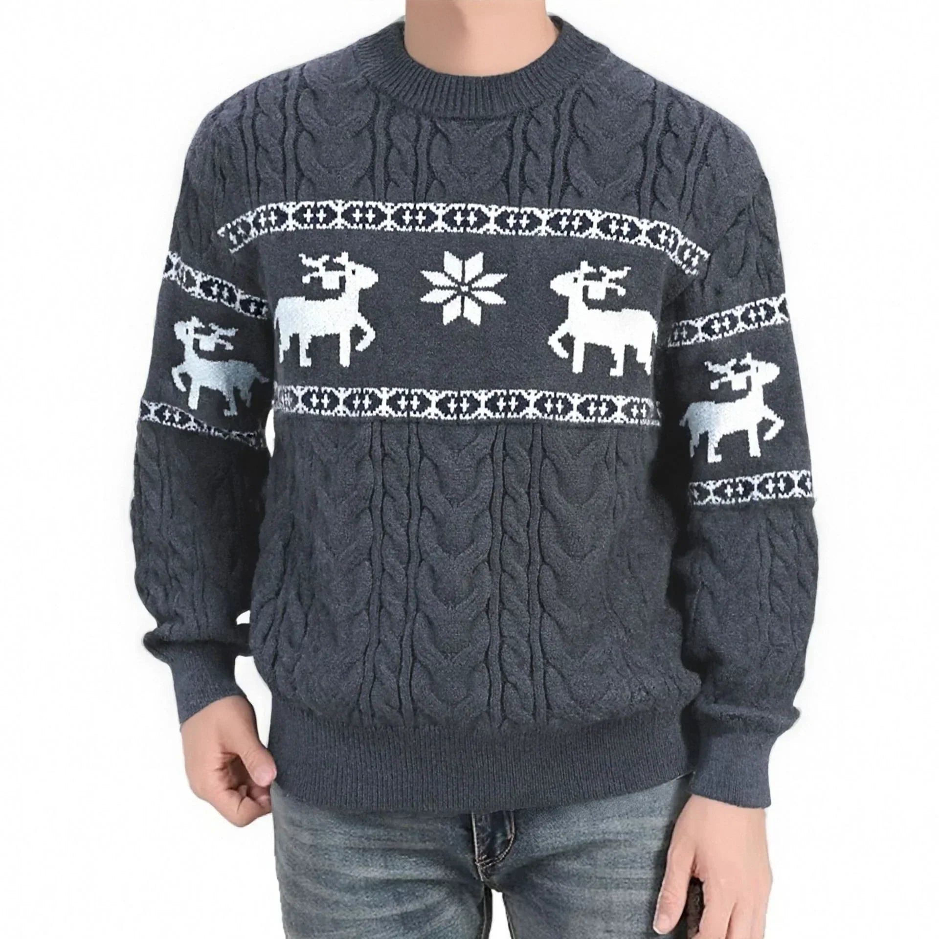 Men's dark grey cable knit sweater with white reindeer and snowflake pattern, relaxed fit