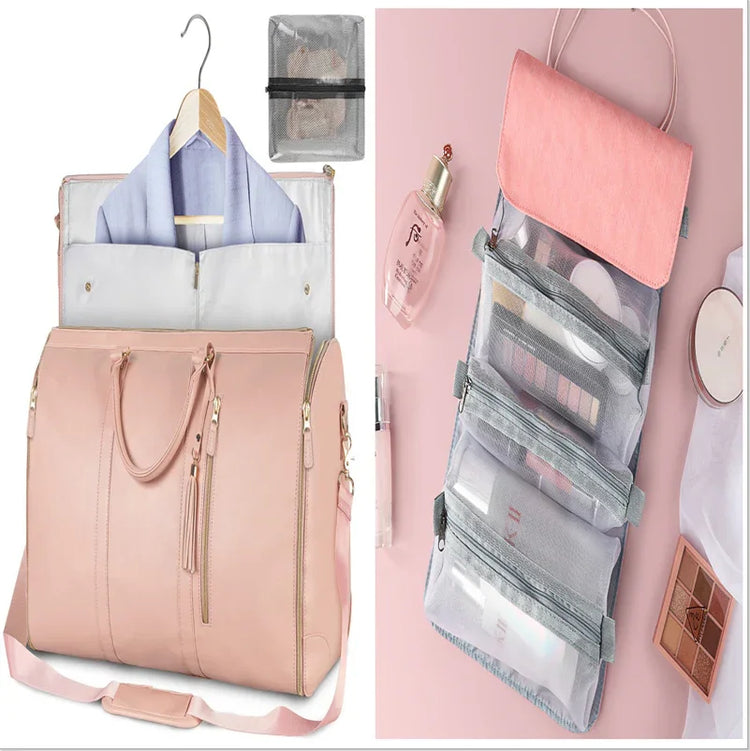 Light pink travel garment bag with gold zippers, adjustable strap, includes mesh toiletry organizer