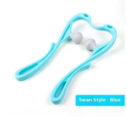 Light blue ergonomic neck massager with swan-shaped design and gray massage nodes