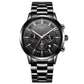 Men’s black stainless steel chronograph watch with multi-dial face and metallic band