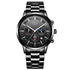 Men’s black stainless steel chronograph watch with multi-dial face and metallic band