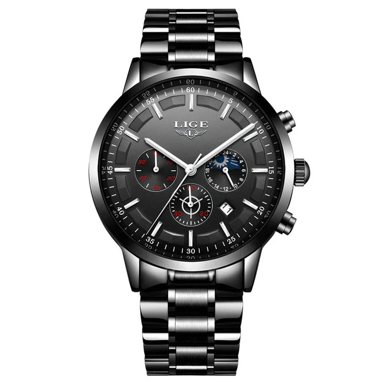 Men’s black stainless steel chronograph watch with multi-dial face and metallic band