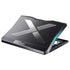 Black adjustable metal laptop cooling stand with mesh panel and silver X design