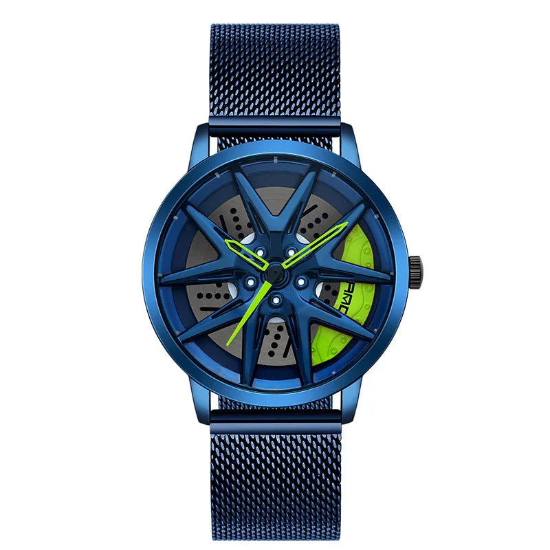 Futuristic blue mesh strap wristwatch with openwork dial and neon green accents