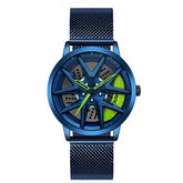 Futuristic blue mesh strap wristwatch with openwork dial and neon green accents