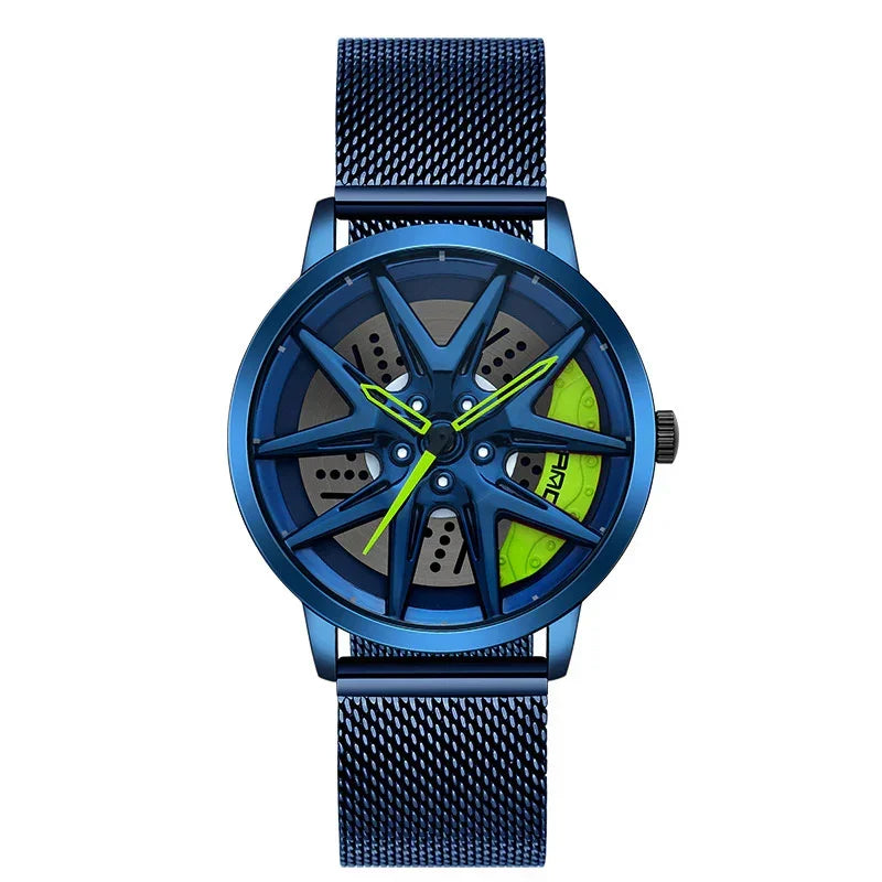 Futuristic blue mesh strap wristwatch with openwork dial and neon green accents