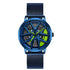 Futuristic blue mesh strap wristwatch with openwork dial and neon green accents