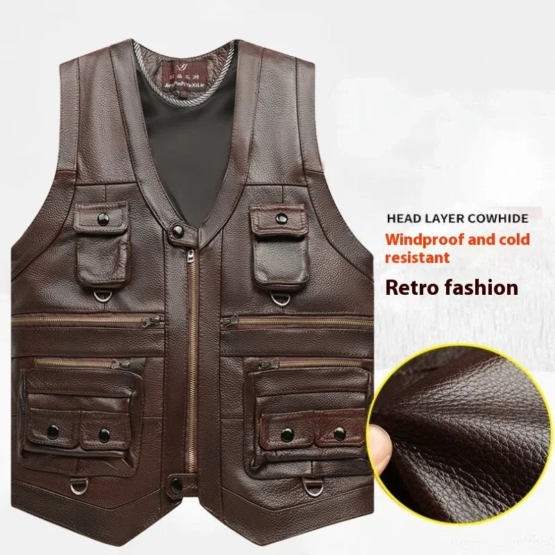 Brown leather utility vest with multiple zip and flap pockets, windproof, retro style, regular fit