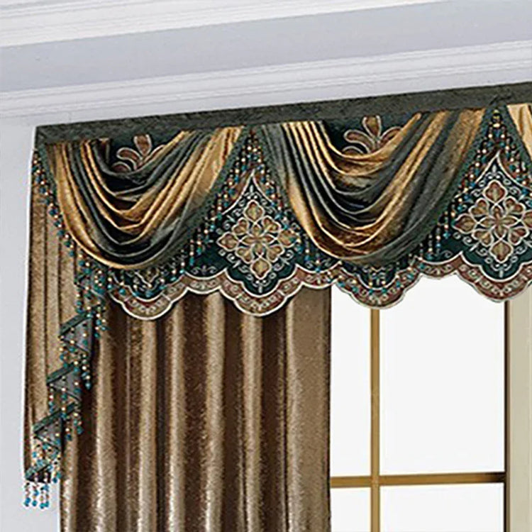 Elegant gold and teal velvet curtain with embroidered floral valance and bead trim.