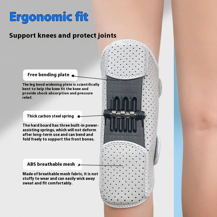 Gray ergonomic knee brace with breathable mesh, carbon steel springs, and a free bending plate for support