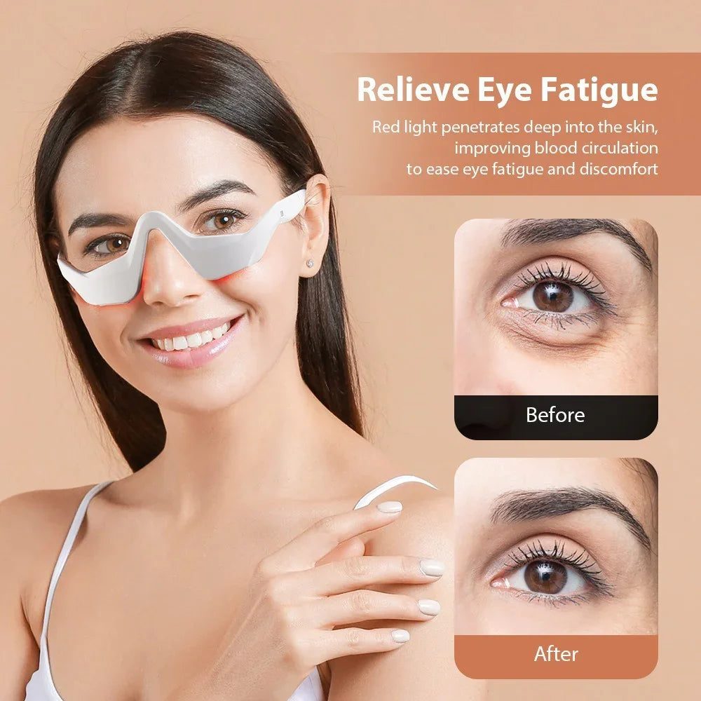 Woman wearing white futuristic eye mask, fitted, smooth texture, paired with white tank top.