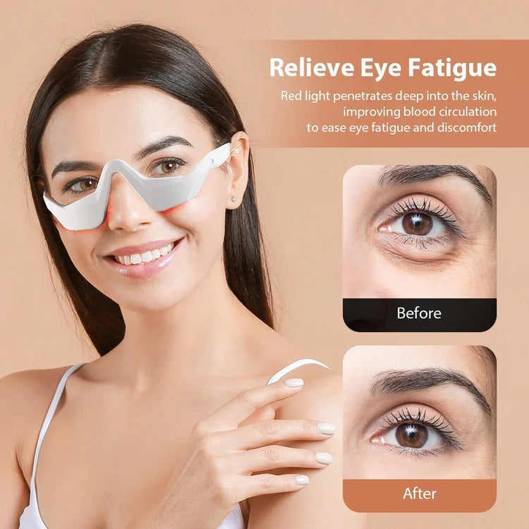 Woman wearing white futuristic eye mask, fitted, smooth texture, paired with white tank top.