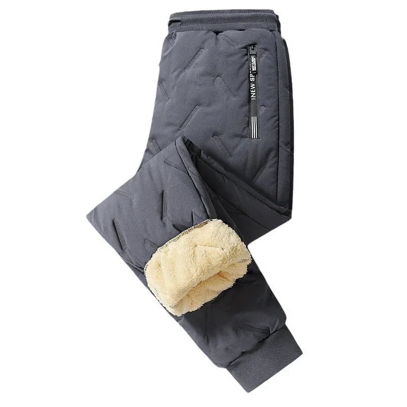 Gray quilted jogger pants with ribbed cuffs, zipper pocket, and warm fleece lining