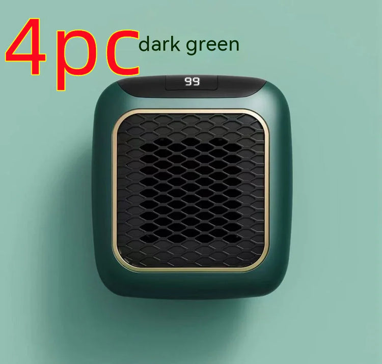 Compact dark green personal heater with digital display and honeycomb grille, modern design