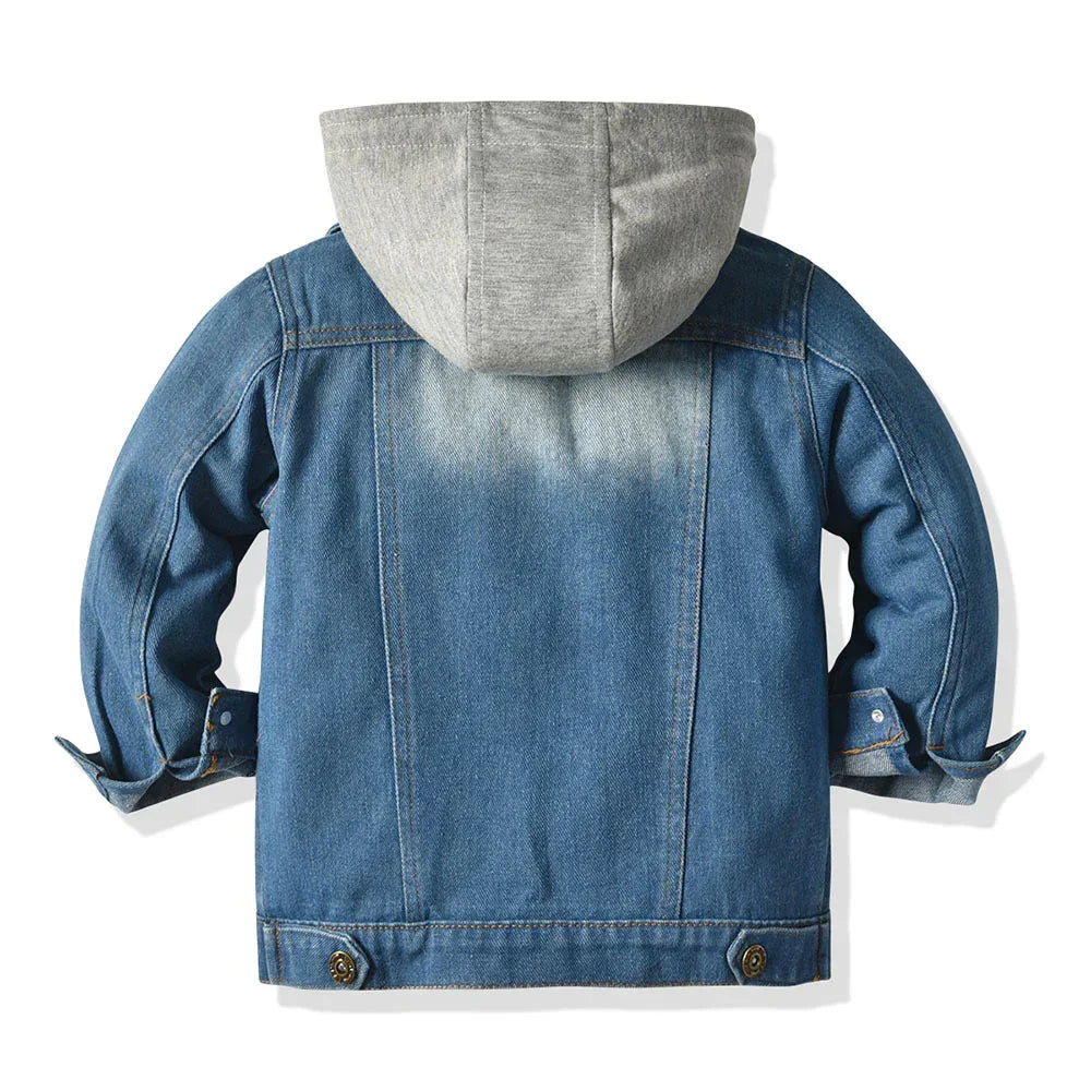 Blue denim jacket with grey hood, relaxed fit, button cuffs, casual streetwear style