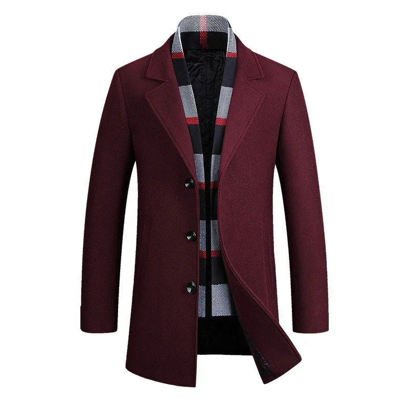 Men's burgundy wool blend overcoat with button closure and plaid inner lining, slim fit.