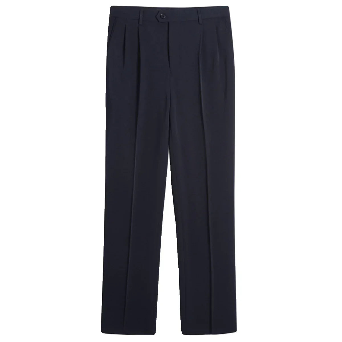 Black straight-leg dress pants with pleated front and relaxed fit, modern streetwear style