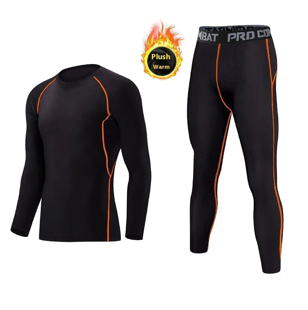 Black long sleeve thermal top and leggings set with orange seams, fitted design, plush warm material