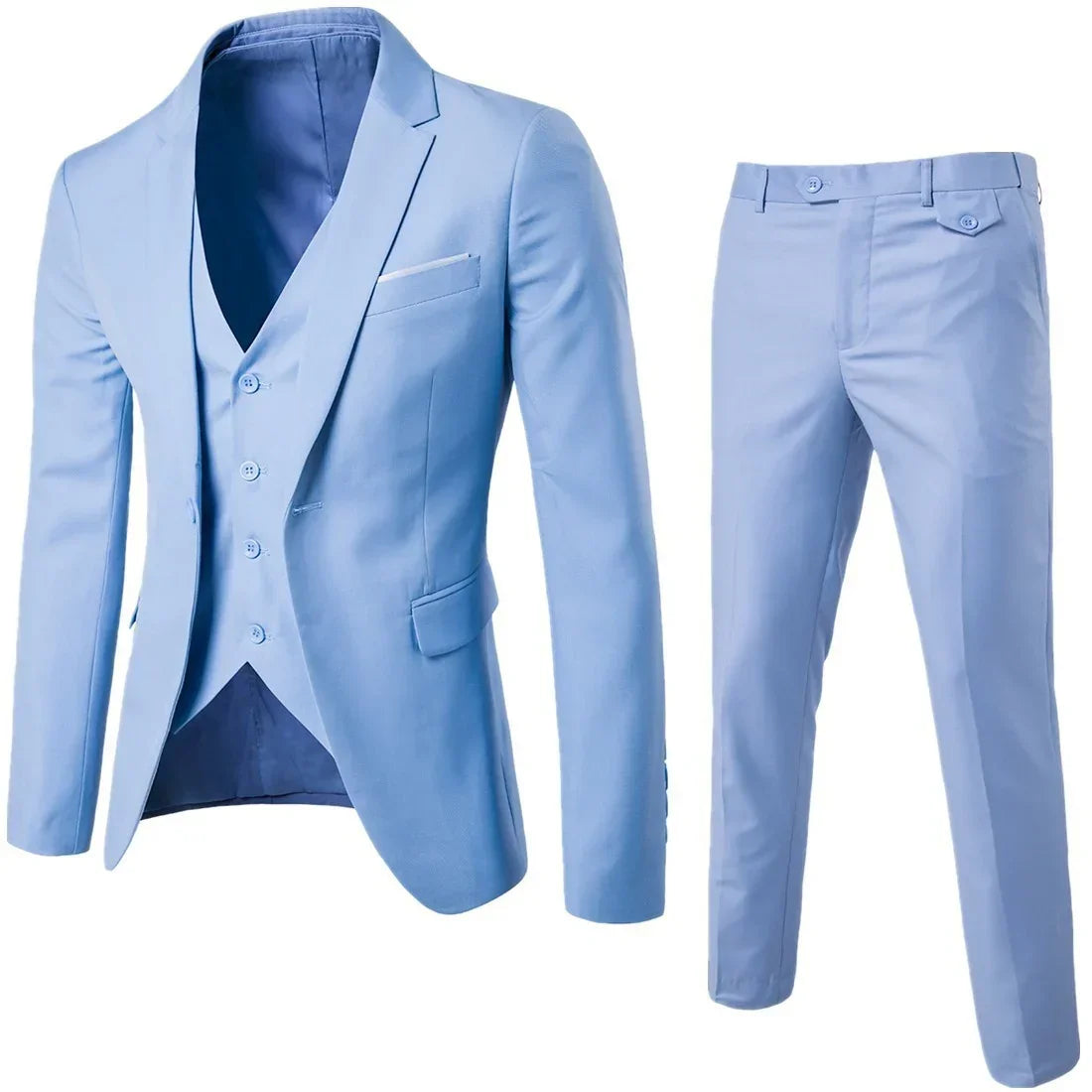 Light blue slim fit three-piece suit with blazer, vest, and trousers, made of smooth fabric