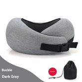 Dark gray travel neck pillow with buckle, memory foam material, and black mesh accent.