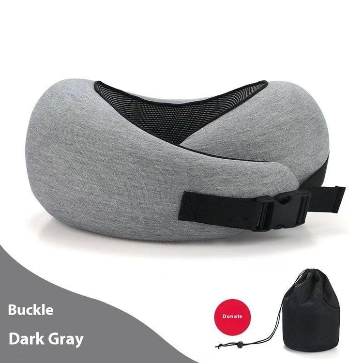 Dark gray travel neck pillow with buckle, memory foam material, and black mesh accent.