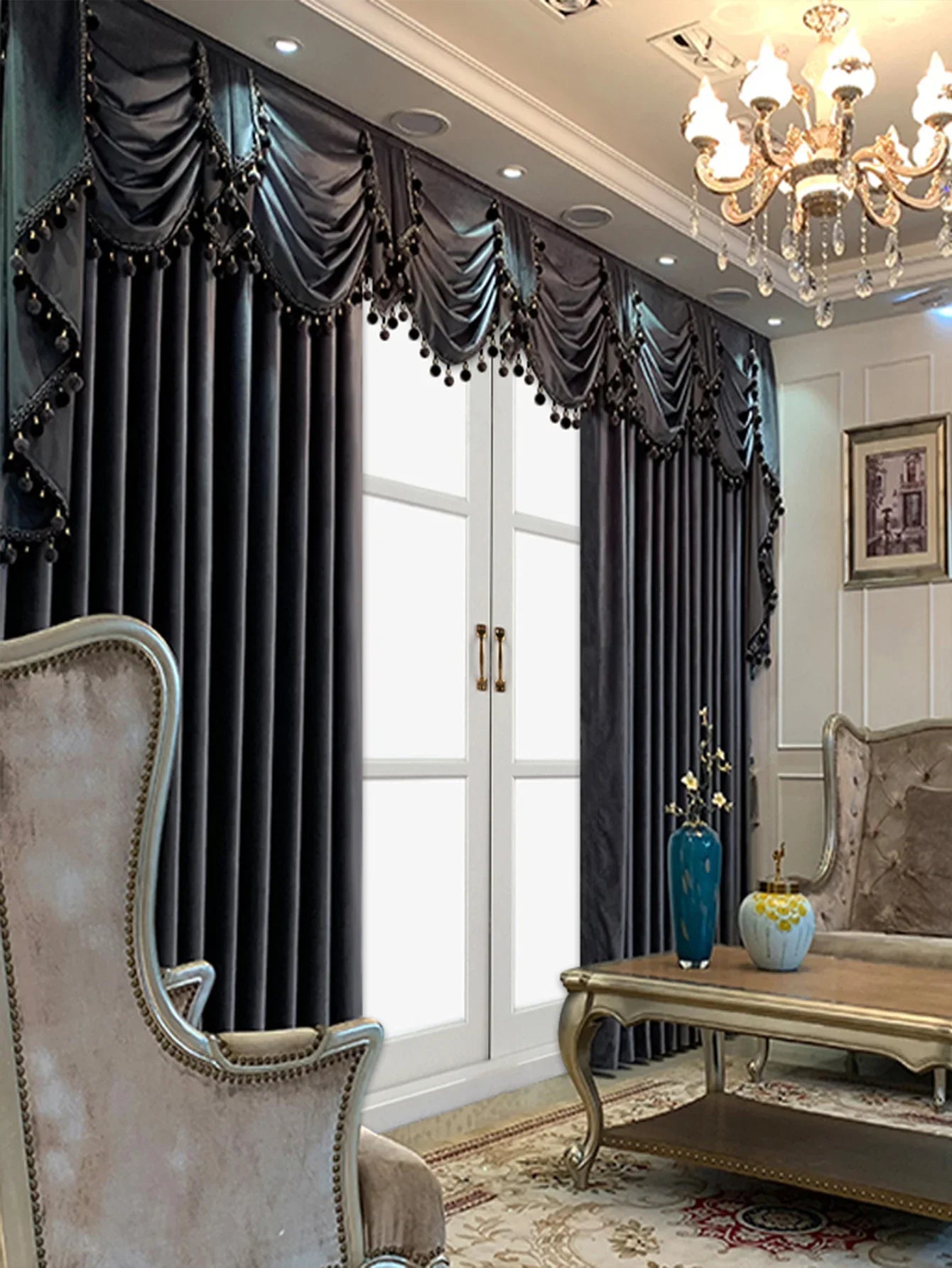 Elegant dark velvet curtains with decorative valance and tassels in a luxury living room