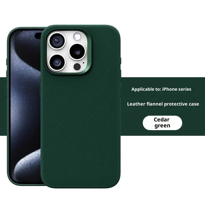 Cedar green leather flannel iPhone case with snug fit and soft textured finish.