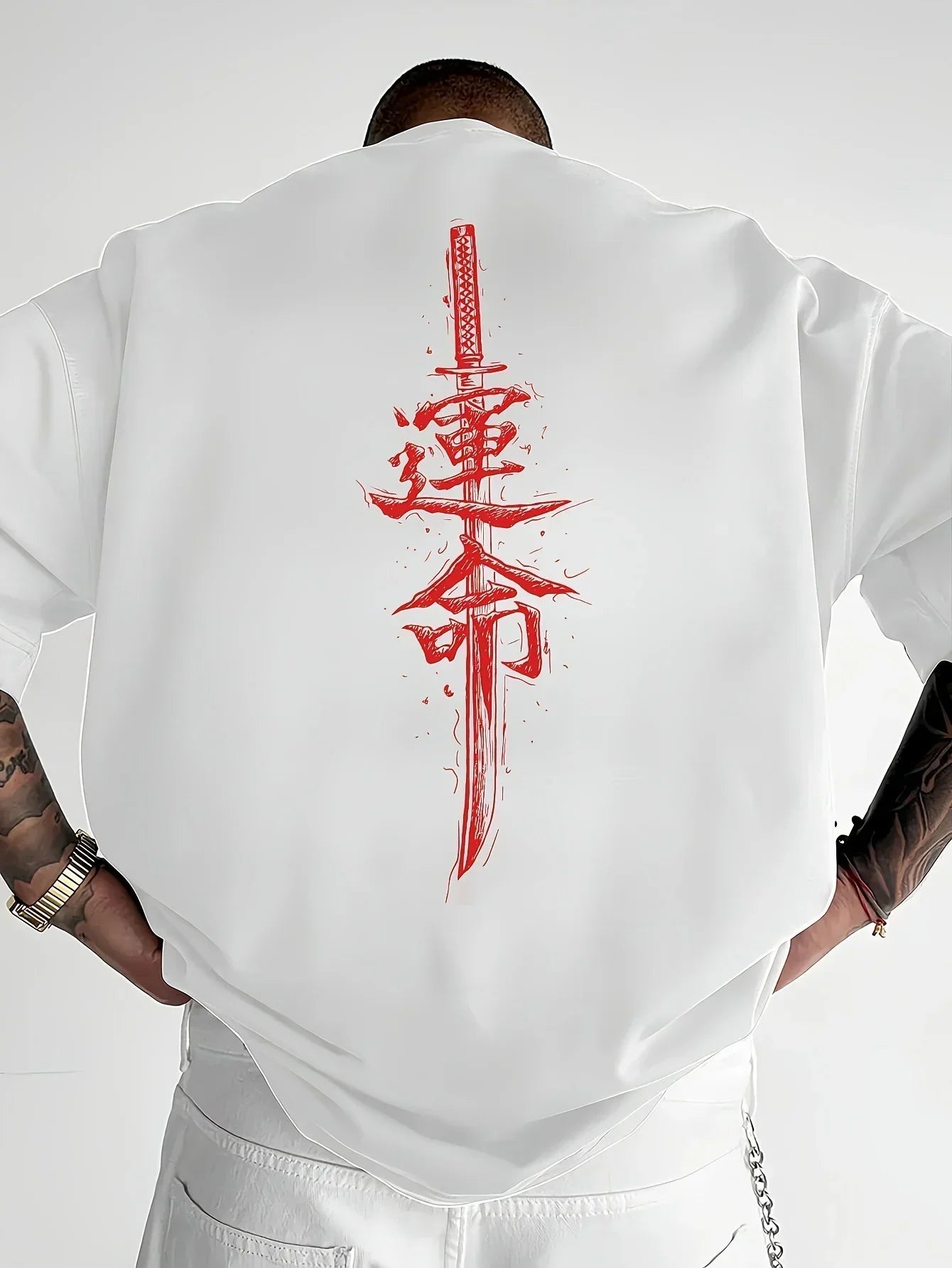 Oversized white streetwear shirt with red katana and Japanese graphic on back, relaxed fit