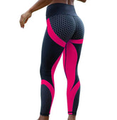 High-waisted black and pink geometric leggings, honeycomb pattern, snug athletic fit
