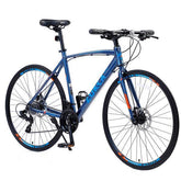 Metallic blue hybrid bike with slim frame, flat handlebars, and thin road tires