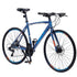Metallic blue hybrid bike with slim frame, flat handlebars, and thin road tires