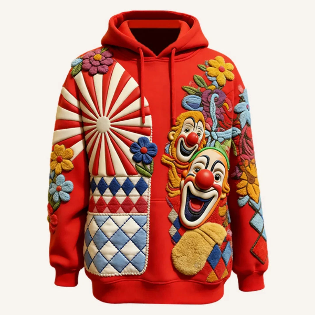 Red streetwear hoodie with colorful clown, flower, and geometric patterns, relaxed fit
