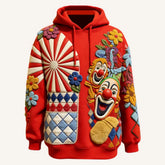 Red streetwear hoodie with colorful clown, flower, and geometric patterns, relaxed fit