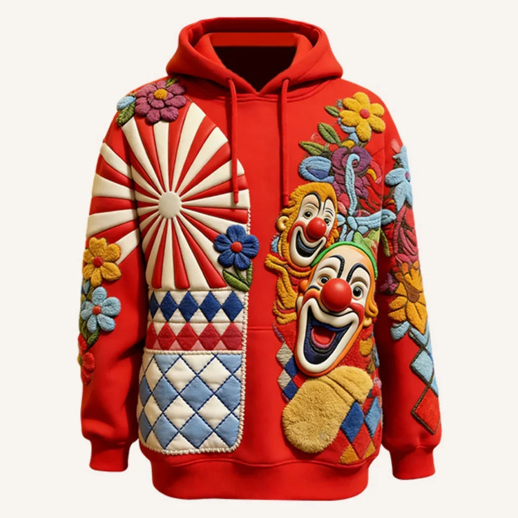 Red streetwear hoodie with colorful clown, flower, and geometric patterns, relaxed fit