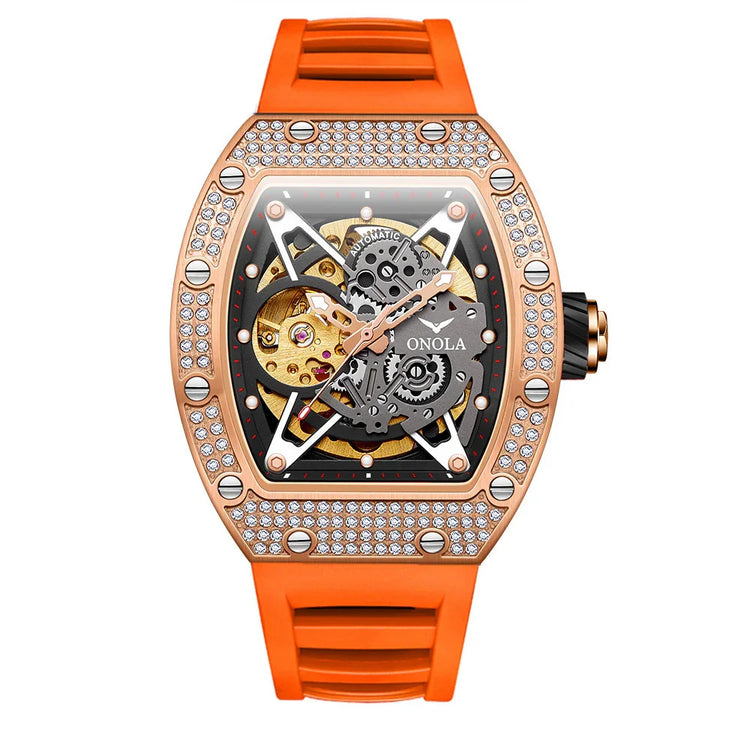 Rose gold diamond-studded skeleton watch with orange silicone strap, modern fit