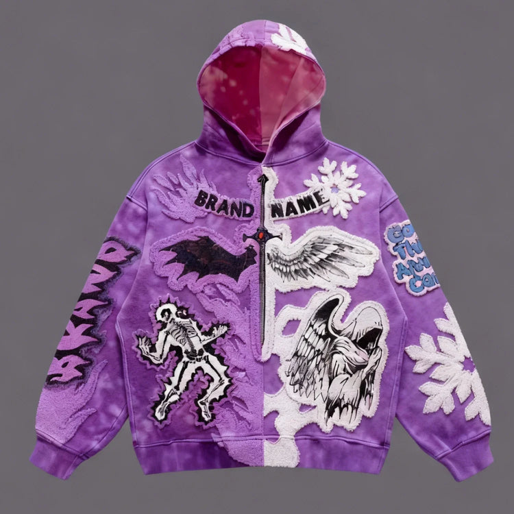 Purple graphic hoodie with bold embroidered patches, angel and skeleton motifs, relaxed fit