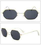Geometric black lens sunglasses with gold metal frame and slim arms, modern streetwear style