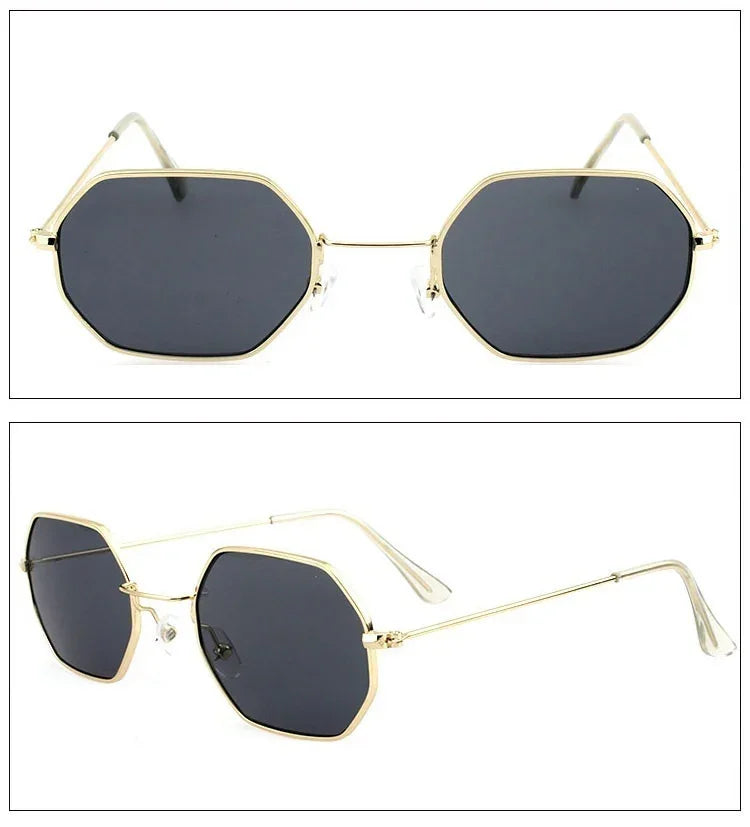 Geometric black lens sunglasses with gold metal frame and slim arms, modern streetwear style