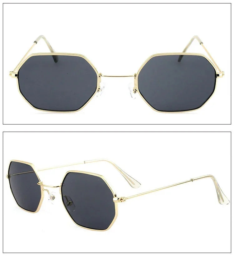 Geometric black lens sunglasses with gold metal frame and slim arms, modern streetwear style